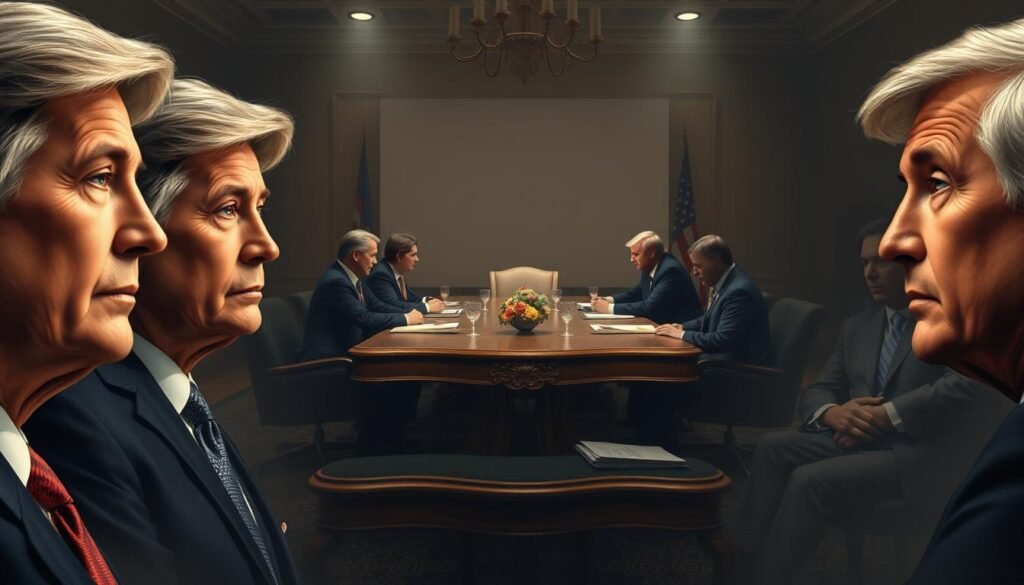 A detailed analysis of the gubernatorial candidates, set against a backdrop of a dimly lit conference room. The foreground features the candidates' portraits, captured in a stylized, almost painterly manner, conveying a sense of gravitas and introspection. The middle ground showcases a large, ornate table, around which the candidates and their teams are engaged in a thoughtful discussion, their expressions and body language hinting at the complexities of the political landscape. The background is shrouded in a soft, atmospheric lighting, creating a sense of contemplation and strategic planning. The overall scene evokes a mood of seriousness, careful deliberation, and the high stakes of the upcoming election.