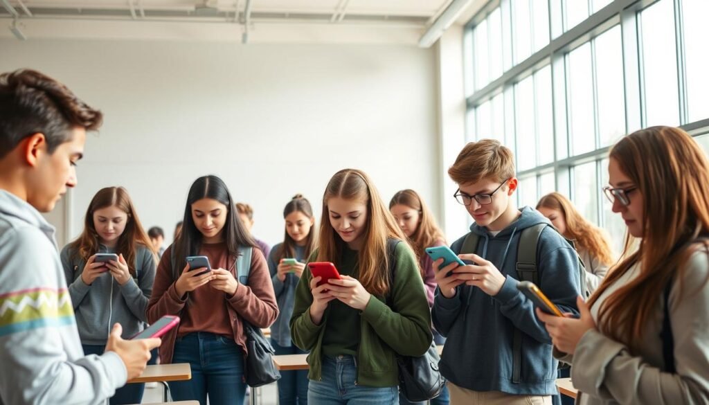 A group of high school students using their smartphones during a school orientation event, with a teacher standing nearby keeping watch. The scene is set in a bright, airy classroom with large windows, creating a sense of openness and natural light. The students appear engaged with their devices, while the teacher maintains a watchful but not overly stern expression, suggesting an attempt to balance rules and student autonomy. The overall atmosphere conveys the modern challenges of mobile device usage in an educational setting.