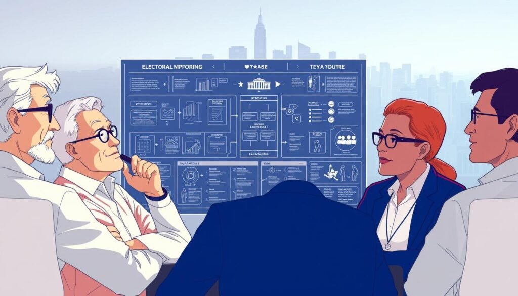 A high-resolution digital illustration depicting an in-depth analysis of the electoral system. In the foreground, a panel of experts engaged in a lively discussion, their expressions thoughtful and insightful. The middle ground showcases a detailed visualization of the electoral process, with intricate diagrams and charts. In the background, a minimalist cityscape provides a subtle context, hinting at the broader sociopolitical landscape. The lighting is soft and diffused, creating a contemplative atmosphere. The composition is balanced and harmonious, inviting the viewer to delve into the nuances of the electoral system analysis.