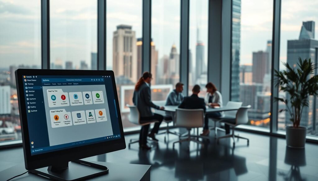 A modern, sleek office setting with a large glass window overlooking a bustling city skyline. In the foreground, a stylish workstation with a high-resolution display showcasing the online test platform's user interface. The interface features a clean, intuitive design with easy-to-navigate menus and robust examination tools. In the middle ground, a group of professionals collaborating around a conference table, deep in discussion about the platform's advanced features. The lighting is warm and inviting, with subtle shadows accentuating the depth and texture of the space. The overall atmosphere conveys a sense of efficiency, productivity, and technological superiority compared to traditional test delivery methods.