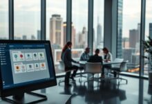 A modern, sleek office setting with a large glass window overlooking a bustling city skyline. In the foreground, a stylish workstation with a high-resolution display showcasing the online test platform's user interface. The interface features a clean, intuitive design with easy-to-navigate menus and robust examination tools. In the middle ground, a group of professionals collaborating around a conference table, deep in discussion about the platform's advanced features. The lighting is warm and inviting, with subtle shadows accentuating the depth and texture of the space. The overall atmosphere conveys a sense of efficiency, productivity, and technological superiority compared to traditional test delivery methods.