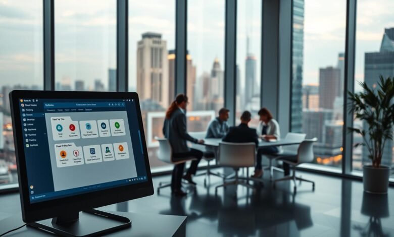A modern, sleek office setting with a large glass window overlooking a bustling city skyline. In the foreground, a stylish workstation with a high-resolution display showcasing the online test platform's user interface. The interface features a clean, intuitive design with easy-to-navigate menus and robust examination tools. In the middle ground, a group of professionals collaborating around a conference table, deep in discussion about the platform's advanced features. The lighting is warm and inviting, with subtle shadows accentuating the depth and texture of the space. The overall atmosphere conveys a sense of efficiency, productivity, and technological superiority compared to traditional test delivery methods.