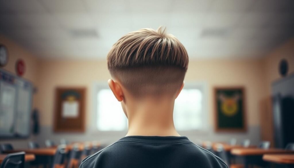 A school haircut: a neat, well-groomed style with short, even trimmed locks. The subject stands in a brightly lit classroom, head slightly tilted to reveal the clean, uniform cut. Soft shadows define the contours of the head and neck, creating a sense of depth. The image conveys a professional, disciplined atmosphere befitting a school setting. The focus is on the haircut, with the background blurred to maintain visual clarity. The overall mood is one of order, cleanliness, and academic conformity.