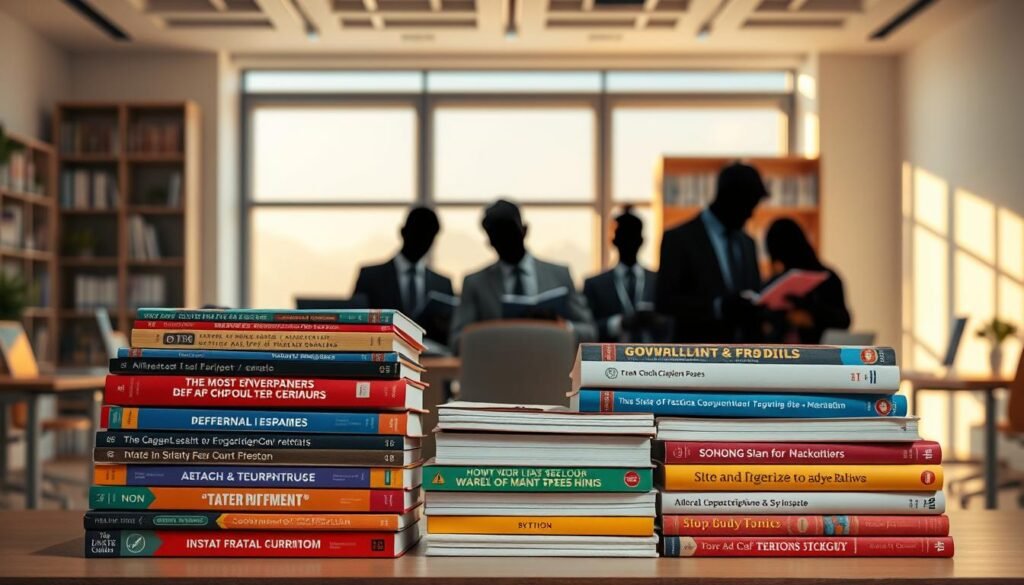 A striking conceptual illustration depicting the most up-to-date government curriculum materials. Arrange in the foreground a neatly stacked pile of textbooks, workbooks, and study guides, their covers adorned with bold, modern graphics and vibrant colors. In the middle ground, display the silhouettes of students earnestly poring over the materials, their faces obscured to maintain focus on the content. In the background, construct a clean, minimalist office setting with sleek desks, bookshelves, and a large window allowing warm, diffused natural lighting to flood the scene. Convey a sense of diligence, relevance, and timely preparation for government exams through the composition and lighting.