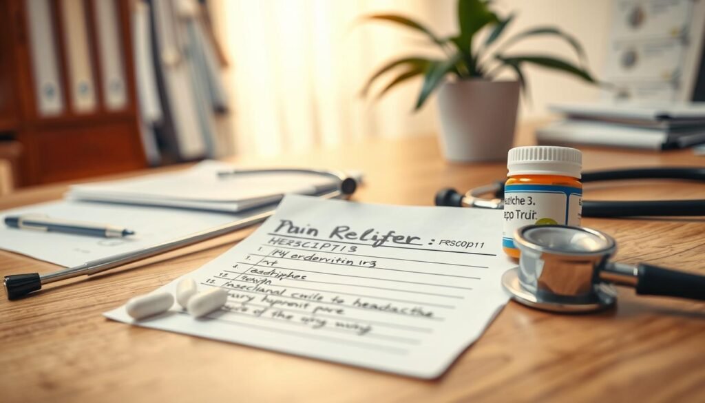 A close-up view of a doctor's prescription pad with a handwritten prescription for headache medication, prominently featuring a pill bottle labeled "Pain Relief" next to it. The setting is a well-lit, professional office with a wooden desk and a stethoscope lying nearby. In the background, blurred medical charts and a potted plant add to the ambiance. Soft, warm lighting creates a calm atmosphere, symbolizing relief and professionalism. The focus is sharp on the prescription and the pill bottle, drawing the viewer's attention to the theme of prescribed solutions for headaches. The angle is slightly above the desk, providing a clear view of the prescription details without any text overlays or distractions. A close-up view of a doctor's prescription pad with a handwritten prescription for headache medication, prominently featuring a pill bottle labeled "Pain Relief" next to it. The setting is a well-lit, professional office with a wooden desk and a stethoscope lying nearby. In the background, blurred medical charts and a potted plant add to the ambiance. Soft, warm lighting creates a calm atmosphere, symbolizing relief and professionalism. The focus is sharp on the prescription and the pill bottle, drawing the viewer's attention to the theme of prescribed solutions for headaches. The angle is slightly above the desk, providing a clear view of the prescription details without any text overlays or distractions.