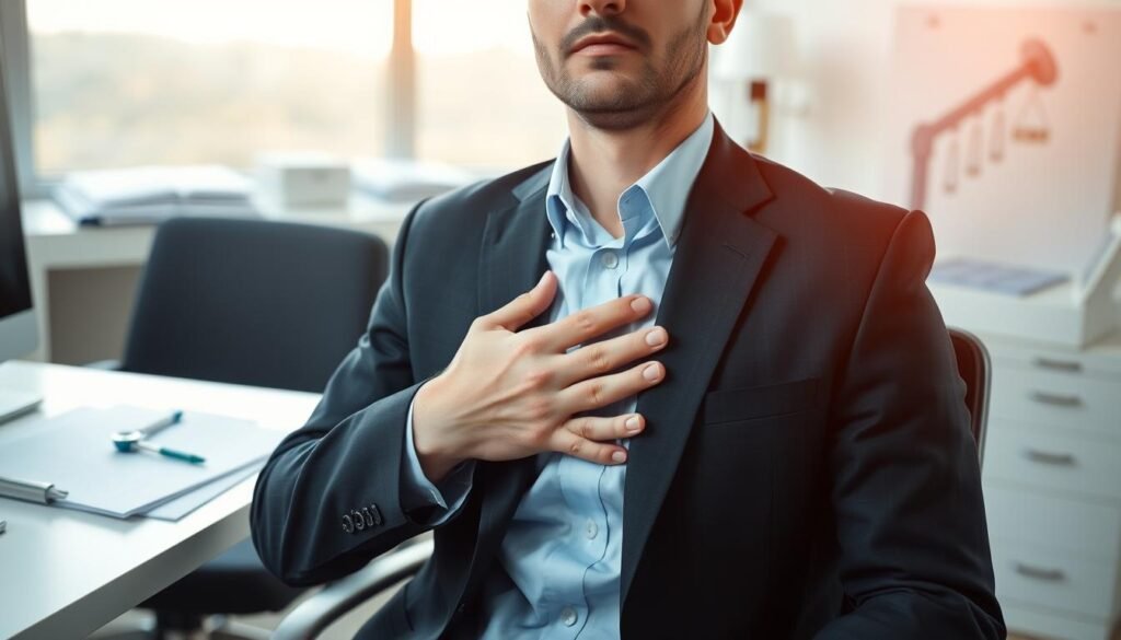 A concerned individual in a professional business suit, seated in a modern medical office, holding their chest with an expression of unease. In the foreground, their hand is placed over the heart area, symbolizing the sensation of palpitations. The middle ground captures a doctor's desk cluttered with medical charts and a stethoscope, adding context to the situation. In the background, soft medical equipment and a window showing a serene, sunny day create a calm yet focused atmosphere. The lighting is warm and inviting, coming from the window, emphasizing the emotional weight of the moment, while ensuring the scene is professional and appropriate for a health-related article. A concerned individual in a professional business suit, seated in a modern medical office, holding their chest with an expression of unease. In the foreground, their hand is placed over the heart area, symbolizing the sensation of palpitations. The middle ground captures a doctor's desk cluttered with medical charts and a stethoscope, adding context to the situation. In the background, soft medical equipment and a window showing a serene, sunny day create a calm yet focused atmosphere. The lighting is warm and inviting, coming from the window, emphasizing the emotional weight of the moment, while ensuring the scene is professional and appropriate for a health-related article.