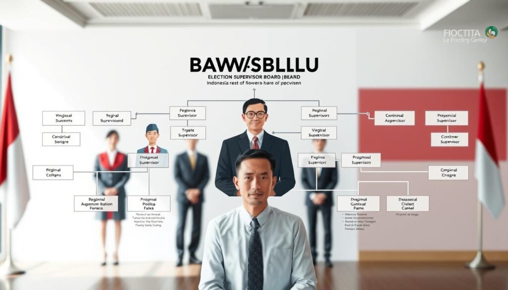 A detailed diagram representing the organizational structure of the Indonesian Election Supervisory Board (Bawaslu). In the foreground, visually distinct layers depict various roles: the central figure as the head of Bawaslu, flanked by representatives in professional business attire, emphasizing a formal atmosphere. In the middle ground, illustrated branches extend outward, showcasing regional supervisors and their teams, using clear lines and boxes to represent hierarchy and division of responsibilities. The background features iconic Indonesian symbols subtly blended, such as the national flag, to provide contextual relevance. The lighting is bright and clear, simulating an office environment, with a slight overhead angle that captures the entire structure. The overall mood is authoritative and professional, conveying a sense of responsibility and governance. A detailed diagram representing the organizational structure of the Indonesian Election Supervisory Board (Bawaslu). In the foreground, visually distinct layers depict various roles: the central figure as the head of Bawaslu, flanked by representatives in professional business attire, emphasizing a formal atmosphere. In the middle ground, illustrated branches extend outward, showcasing regional supervisors and their teams, using clear lines and boxes to represent hierarchy and division of responsibilities. The background features iconic Indonesian symbols subtly blended, such as the national flag, to provide contextual relevance. The lighting is bright and clear, simulating an office environment, with a slight overhead angle that captures the entire structure. The overall mood is authoritative and professional, conveying a sense of responsibility and governance.