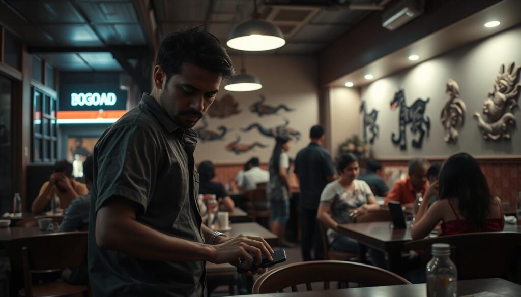 A dimly lit urban restaurant in Bogor, showcasing a busy scene with diners at tables and a subtle, tense atmosphere. In the foreground, a man clad in modest casual clothing is subtly reaching for a smartphone left unattended on a table, his expression cautious yet determined. He stands slightly hunched, blending into the bustling crowd. In the middle, the restaurant staff are engaged with customers, unaware of the unfolding theft, while an overhead soft light casts shadows, enhancing the sense of secrecy. In the background, there are decorative elements of the restaurant, hinting at a local culture, like traditional wall art. The overall mood conveys a blend of tension and everyday life, illustrating the context and modus operandi of theft in this setting.
