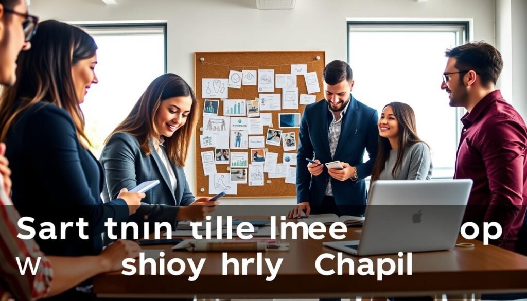 A diverse group of young professionals gathered around a table, engaged in a brainstorming session about starting an online shop without any capital. In the foreground, a woman in professional attire is jotting down ideas on a notepad, while a man beside her examines a laptop showing a digital marketplace. In the middle ground, a creative mood board filled with business concepts and strategies is pinned on a corkboard. The background features natural light streaming through a large window, illuminating the room and creating a vibrant, inspiring atmosphere. The overall setting conveys collaboration, innovation, and a sense of opportunity, encouraging viewers to consider entrepreneurial ventures.