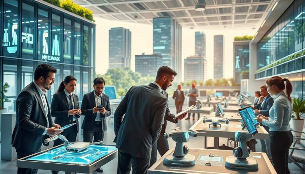 A futuristic innovation hub representing the Fourth Industrial Revolution with advanced technology. In the foreground, a diverse group of professionals, wearing smart business attire, are engaged in animated discussions around sleek digital screens and holographic displays. The middle ground features modular workstations with robots assisting in tasks, surrounded by high-tech gadgets like drones and A.I. interfaces. In the background, a modern architecture landscape, featuring glass buildings with greenery integrated into their design, symbolizes sustainability. Soft, ambient lighting casts a warm glow across the scene, creating a sense of collaboration and forward-thinking innovation. The overall atmosphere is dynamic and optimistic, showcasing a blend of technology and human ingenuity. A futuristic innovation hub representing the Fourth Industrial Revolution with advanced technology. In the foreground, a diverse group of professionals, wearing smart business attire, are engaged in animated discussions around sleek digital screens and holographic displays. The middle ground features modular workstations with robots assisting in tasks, surrounded by high-tech gadgets like drones and A.I. interfaces. In the background, a modern architecture landscape, featuring glass buildings with greenery integrated into their design, symbolizes sustainability. Soft, ambient lighting casts a warm glow across the scene, creating a sense of collaboration and forward-thinking innovation. The overall atmosphere is dynamic and optimistic, showcasing a blend of technology and human ingenuity.