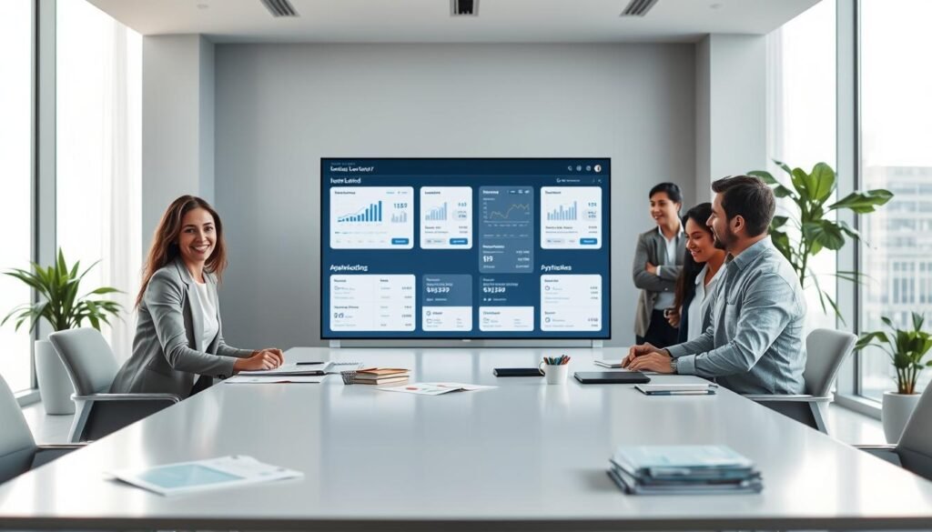 A modern and inviting office space showcasing online loan services. In the foreground, a diverse group of professionals, including a woman in business attire and a man in casual clothing, are engaged in a collaborative discussion around a sleek, minimalist table scattered with financial reports and digital devices. The middle ground features a large computer screen displaying user-friendly online loan application interfaces, with graphs and loan terms visible. In the background, large windows let in soft, natural light, creating an open and welcoming atmosphere. The overall mood is optimistic and dynamic, emphasizing professionalism and accessibility in the online lending space. Aim for a clean, contemporary design, focusing on clarity and efficiency. No text or branding elements are included. A modern and inviting office space showcasing online loan services. In the foreground, a diverse group of professionals, including a woman in business attire and a man in casual clothing, are engaged in a collaborative discussion around a sleek, minimalist table scattered with financial reports and digital devices. The middle ground features a large computer screen displaying user-friendly online loan application interfaces, with graphs and loan terms visible. In the background, large windows let in soft, natural light, creating an open and welcoming atmosphere. The overall mood is optimistic and dynamic, emphasizing professionalism and accessibility in the online lending space. Aim for a clean, contemporary design, focusing on clarity and efficiency. No text or branding elements are included.
