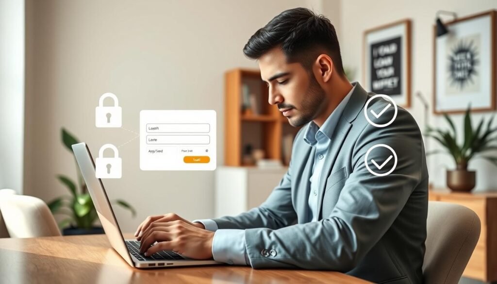 A modern, digital workspace illustrating the online loan application process. In the foreground, a business professional using a laptop, wearing smart casual attire, focused and engaged. The middle layer features a sleek, user-friendly website interface on the laptop screen displaying loan application fields. Flanking the sides are symbols of trust, like a padlock and checkmark, subtly integrated. In the background, a cozy office environment with soft lighting and contemporary decor, including a potted plant and motivational artwork. The overall atmosphere is one of efficiency and accessibility, conveying a sense of ease and professionalism in obtaining online loans. Use natural daylight to create a warm, inviting mood, captured from a slight overhead angle to emphasize the workspace. A modern, digital workspace illustrating the online loan application process. In the foreground, a business professional using a laptop, wearing smart casual attire, focused and engaged. The middle layer features a sleek, user-friendly website interface on the laptop screen displaying loan application fields. Flanking the sides are symbols of trust, like a padlock and checkmark, subtly integrated. In the background, a cozy office environment with soft lighting and contemporary decor, including a potted plant and motivational artwork. The overall atmosphere is one of efficiency and accessibility, conveying a sense of ease and professionalism in obtaining online loans. Use natural daylight to create a warm, inviting mood, captured from a slight overhead angle to emphasize the workspace.