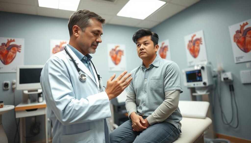 A professional medical setting illustrating a heart examination. Foreground: a compassionate physician in a white coat, examining a patient's heart using a stethoscope. Middle ground: the patient sitting upright on an examination table, looking slightly anxious yet hopeful, wearing modest casual clothing. Background: well-equipped medical room with heart monitoring equipment, anatomical heart posters, and soothing light coming from soft overhead lamps. The overall atmosphere should convey professionalism and empathy, highlighting the importance of seeking medical advice for sudden heart palpitations. Use a warm color palette, focusing on soft blues and whites to promote a calming environment. Angle of the shot should be at eye level to create a connection between the viewer and the scene. A professional medical setting illustrating a heart examination. Foreground: a compassionate physician in a white coat, examining a patient's heart using a stethoscope. Middle ground: the patient sitting upright on an examination table, looking slightly anxious yet hopeful, wearing modest casual clothing. Background: well-equipped medical room with heart monitoring equipment, anatomical heart posters, and soothing light coming from soft overhead lamps. The overall atmosphere should convey professionalism and empathy, highlighting the importance of seeking medical advice for sudden heart palpitations. Use a warm color palette, focusing on soft blues and whites to promote a calming environment. Angle of the shot should be at eye level to create a connection between the viewer and the scene.