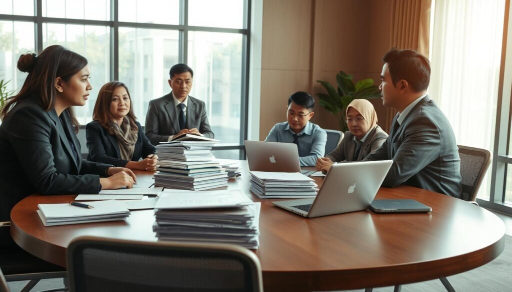 A professional scene depicting the role and authority of election supervisors in Indonesia, focusing on a diverse group of election monitors in business attire gathered around a large round table. The foreground features three monitors, two women and one man, engaged in discussion, emphasized with confident body language. In the middle ground, stacks of documents, laptops, and election materials suggest serious work underway. The background shows a modern office with a large window, allowing natural light to illuminate the scene, creating a warm and focused atmosphere. The angle should be slightly elevated to capture the collaborative nature of the meeting, conveying professionalism and dedication to fair elections. A professional scene depicting the role and authority of election supervisors in Indonesia, focusing on a diverse group of election monitors in business attire gathered around a large round table. The foreground features three monitors, two women and one man, engaged in discussion, emphasized with confident body language. In the middle ground, stacks of documents, laptops, and election materials suggest serious work underway. The background shows a modern office with a large window, allowing natural light to illuminate the scene, creating a warm and focused atmosphere. The angle should be slightly elevated to capture the collaborative nature of the meeting, conveying professionalism and dedication to fair elections.