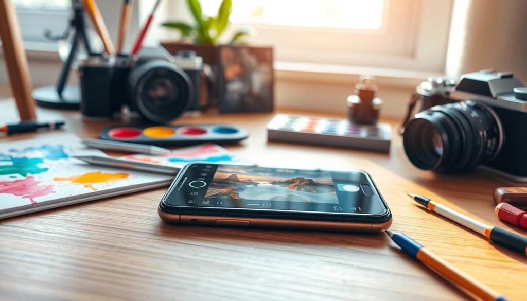 A professional workspace featuring a smartphone on a wooden desk, surrounded by a vibrant array of photo editing tools and aesthetic props. In the foreground, the smartphone screen displays an open photo editing app with colorful filters and effects being applied to a scenic landscape photo. The middle ground includes an artist's palette with splashes of paint, a notebook filled with creative ideas, and a stylish camera. In the background, soft natural light filters through a window, casting a warm glow across the scene, evoking an inviting and creative atmosphere. The overall mood is inspirational and artistic, highlighting tips and tricks for making photos more captivating. Ensure the smartphone and tools are the focal points while maintaining a clutter-free and organized appearance. A professional workspace featuring a smartphone on a wooden desk, surrounded by a vibrant array of photo editing tools and aesthetic props. In the foreground, the smartphone screen displays an open photo editing app with colorful filters and effects being applied to a scenic landscape photo. The middle ground includes an artist's palette with splashes of paint, a notebook filled with creative ideas, and a stylish camera. In the background, soft natural light filters through a window, casting a warm glow across the scene, evoking an inviting and creative atmosphere. The overall mood is inspirational and artistic, highlighting tips and tricks for making photos more captivating. Ensure the smartphone and tools are the focal points while maintaining a clutter-free and organized appearance.