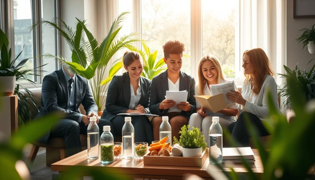 A serene indoor scene illustrating effective strategies to overcome fatigue and regain energy. In the foreground, a diverse group of three individuals (a man and two women) dressed in professional business attire, engaged in a lively discussion while reviewing health materials. In the middle, a coffee table is adorned with healthy snacks, water bottles, and wellness books. Soft natural light filters through a large window, creating a warm atmosphere. In the background, plants add a touch of nature, promoting a refreshing vibe. The colors are vibrant yet calming, with green hues from the plants and warm tones from the sunlight, evoking a sense of vitality and rejuvenation. The composition captures a moment of motivation, focusing on healthy lifestyle tips. A serene indoor scene illustrating effective strategies to overcome fatigue and regain energy. In the foreground, a diverse group of three individuals (a man and two women) dressed in professional business attire, engaged in a lively discussion while reviewing health materials. In the middle, a coffee table is adorned with healthy snacks, water bottles, and wellness books. Soft natural light filters through a large window, creating a warm atmosphere. In the background, plants add a touch of nature, promoting a refreshing vibe. The colors are vibrant yet calming, with green hues from the plants and warm tones from the sunlight, evoking a sense of vitality and rejuvenation. The composition captures a moment of motivation, focusing on healthy lifestyle tips.