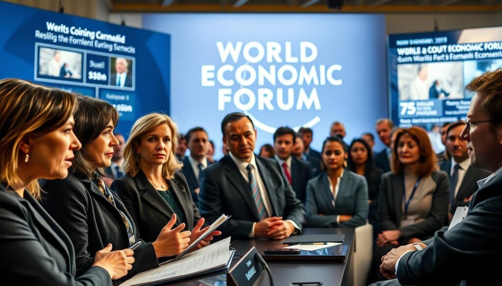 A tense and thought-provoking scene depicting a lively debate at the World Economic Forum, showcasing a diverse group of professionals in business attire discussing criticism and controversy surrounding the event. In the foreground, a group of engaged speakers, two women and a man, expressing passionate viewpoints, with furrowed brows and compelling gestures. The middle ground shows an audience of various ages and ethnicities listening intently, some taking notes. In the background, the iconic WEF logo is subtly integrated into a modern conference setting, with large screens displaying infographics and headlines of recent controversies. The lighting is dynamic, focusing warmly on the speakers while casting cooler shadows around the audience, creating a mood of urgency and engagement, captured with a slightly elevated angle to emphasize the discussion's importance. A tense and thought-provoking scene depicting a lively debate at the World Economic Forum, showcasing a diverse group of professionals in business attire discussing criticism and controversy surrounding the event. In the foreground, a group of engaged speakers, two women and a man, expressing passionate viewpoints, with furrowed brows and compelling gestures. The middle ground shows an audience of various ages and ethnicities listening intently, some taking notes. In the background, the iconic WEF logo is subtly integrated into a modern conference setting, with large screens displaying infographics and headlines of recent controversies. The lighting is dynamic, focusing warmly on the speakers while casting cooler shadows around the audience, creating a mood of urgency and engagement, captured with a slightly elevated angle to emphasize the discussion's importance.