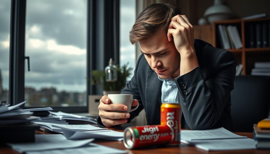 A tired and weary person sitting at a cluttered desk, their head resting on one hand while the other hand holds a cup of coffee, symbolizing fatigue. The person is wearing casual business attire, looking drained and lethargic. In the background, a window shows a gloomy, overcast sky, casting a soft, diffused light in the room, adding to the atmosphere of exhaustion. Papers and an empty energy drink container are scattered on the desk, illustrating a sense of overwhelm. The focus is sharp on the person, while the background is slightly blurred to emphasize their fatigue. The overall mood is somber and reflective, capturing the essence of common causes of low energy and weakness. A tired and weary person sitting at a cluttered desk, their head resting on one hand while the other hand holds a cup of coffee, symbolizing fatigue. The person is wearing casual business attire, looking drained and lethargic. In the background, a window shows a gloomy, overcast sky, casting a soft, diffused light in the room, adding to the atmosphere of exhaustion. Papers and an empty energy drink container are scattered on the desk, illustrating a sense of overwhelm. The focus is sharp on the person, while the background is slightly blurred to emphasize their fatigue. The overall mood is somber and reflective, capturing the essence of common causes of low energy and weakness.