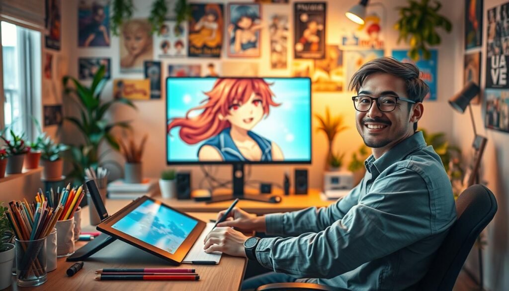 A vibrant and engaging scene focused on the theme of transforming photos into anime style. In the foreground, a friendly artist is sitting at a desk, surrounded by digital drawing tablets and colorful art supplies, wearing comfortable yet professional attire. The middle ground features a large computer screen displaying a beautifully transformed anime character with vivid colors and exaggerated features, capturing the essence of anime art. In the background, a cozy workspace filled with anime posters and plants creates an inviting atmosphere, illuminated by soft, warm lighting that enhances creativity. The overall mood is inspiring and energetic, encouraging aspiring artists to explore their creativity in photo editing and anime transformation techniques. The image should be bright and inviting, emphasizing an artistic journey. A vibrant and engaging scene focused on the theme of transforming photos into anime style. In the foreground, a friendly artist is sitting at a desk, surrounded by digital drawing tablets and colorful art supplies, wearing comfortable yet professional attire. The middle ground features a large computer screen displaying a beautifully transformed anime character with vivid colors and exaggerated features, capturing the essence of anime art. In the background, a cozy workspace filled with anime posters and plants creates an inviting atmosphere, illuminated by soft, warm lighting that enhances creativity. The overall mood is inspiring and energetic, encouraging aspiring artists to explore their creativity in photo editing and anime transformation techniques. The image should be bright and inviting, emphasizing an artistic journey.