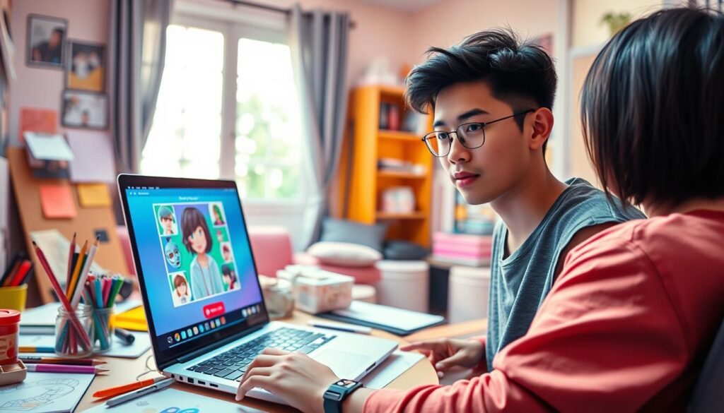 A vibrant digital art scene showcasing a young adult using CapCut on a laptop to transform a photo into anime style. In the foreground, focus on the individual, a young Indonesian person, engaged and focused, wearing casual yet stylish attire. Their laptop screen displays a colorful, animated interface with an eye-catching anime character project. In the middle, depict a cluttered workspace with art supplies, sketches, and a vibrant color palette to evoke creativity. The background features a cozy room, illuminated by warm, soft lighting through a window that suggests an inviting atmosphere. The scene conveys a sense of inspiration and innovation in digital art editing, with a smooth, harmonious blend of colors and elements to enhance the creative mood. A vibrant digital art scene showcasing a young adult using CapCut on a laptop to transform a photo into anime style. In the foreground, focus on the individual, a young Indonesian person, engaged and focused, wearing casual yet stylish attire. Their laptop screen displays a colorful, animated interface with an eye-catching anime character project. In the middle, depict a cluttered workspace with art supplies, sketches, and a vibrant color palette to evoke creativity. The background features a cozy room, illuminated by warm, soft lighting through a window that suggests an inviting atmosphere. The scene conveys a sense of inspiration and innovation in digital art editing, with a smooth, harmonious blend of colors and elements to enhance the creative mood.