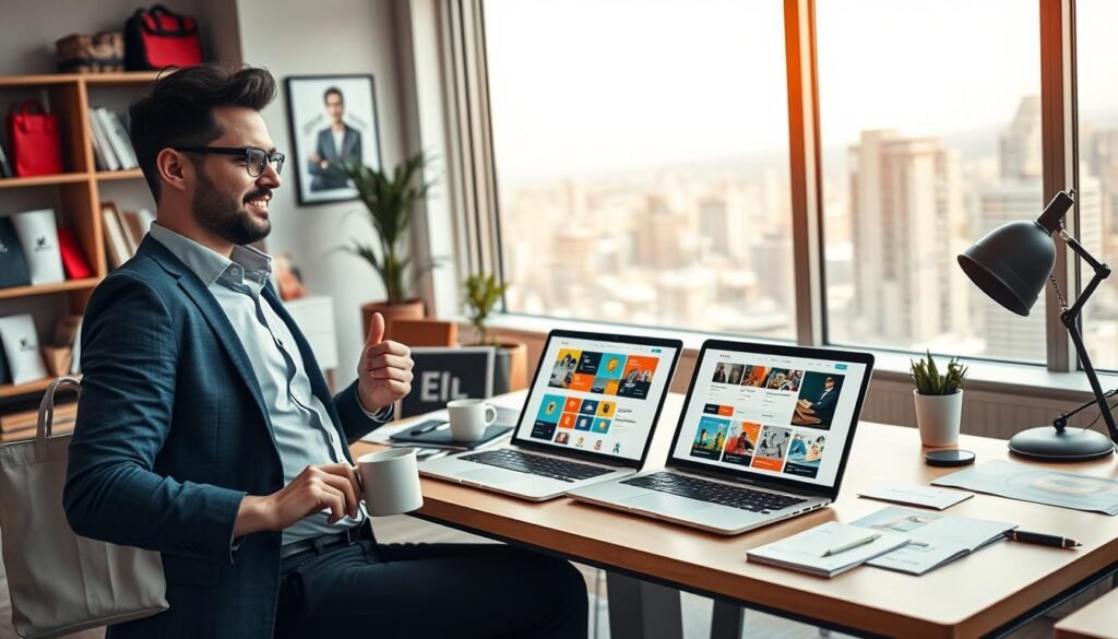 A vibrant, dynamic workspace scene showcasing the concept of building a strong online shop brand. In the foreground, a confident entrepreneur in smart casual attire brainstorms ideas on a digital tablet, surrounded by branded merchandise like tote bags and mugs. In the middle, an organized desk features a laptop displaying a colorful website design, alongside marketing materials such as flyers and business cards. The background highlights a large window with a view of a bustling city, symbolizing growth and opportunity. Soft, natural lighting warms the space, creating a motivational atmosphere. Focus on clear details and modern design elements, evoking a sense of professionalism and creativity.