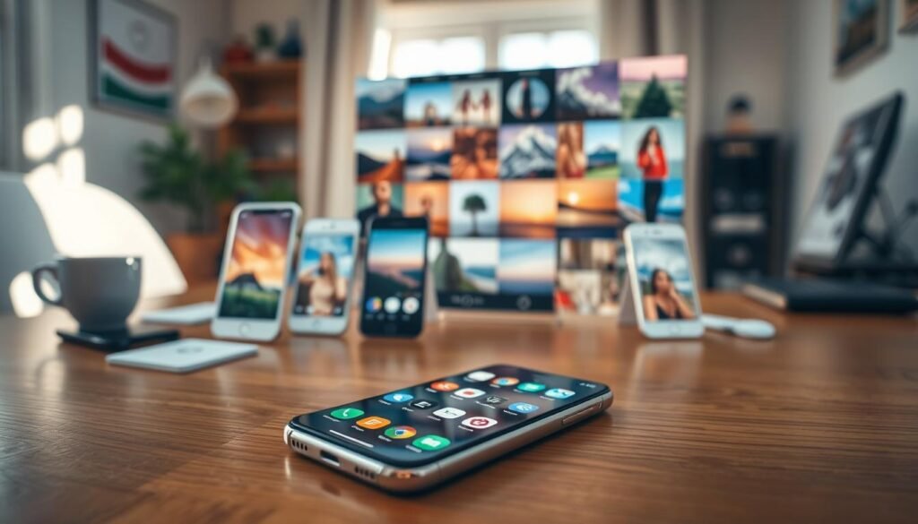 A vibrant scene featuring a stylish smartphone on a wooden table, surrounded by an array of aesthetic photo editing apps displayed on the screen. The foreground shows the phone in sharp focus, emphasizing its sleek design and vivid app icons. In the middle ground, a soft-focus kaleidoscope of edited photos, showcasing beautiful landscapes, portraits, and artistic filters, enhances the aesthetic theme. The background is softly blurred, suggesting a cozy, bright workspace with natural light pouring in through a window, creating a warm, inviting atmosphere. The lighting is soft and diffused, casting gentle shadows that add depth. Overall, the mood is creative and inspiring, perfect for a tutorial on mobile photo editing. A vibrant scene featuring a stylish smartphone on a wooden table, surrounded by an array of aesthetic photo editing apps displayed on the screen. The foreground shows the phone in sharp focus, emphasizing its sleek design and vivid app icons. In the middle ground, a soft-focus kaleidoscope of edited photos, showcasing beautiful landscapes, portraits, and artistic filters, enhances the aesthetic theme. The background is softly blurred, suggesting a cozy, bright workspace with natural light pouring in through a window, creating a warm, inviting atmosphere. The lighting is soft and diffused, casting gentle shadows that add depth. Overall, the mood is creative and inspiring, perfect for a tutorial on mobile photo editing.
