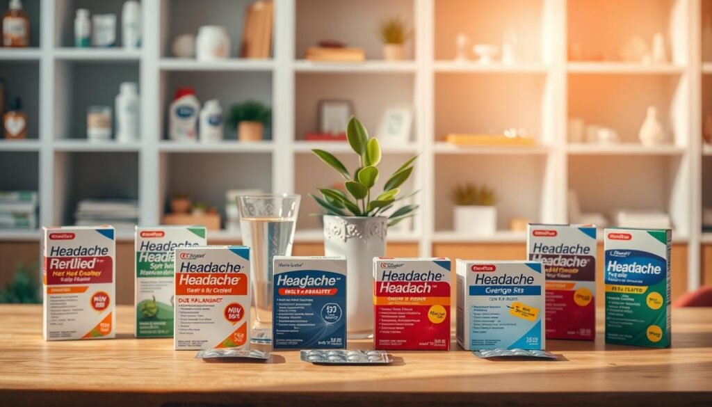 A visually appealing arrangement of over-the-counter headache relief products on a wooden table. In the foreground, display various medication boxes and blister packs, featuring labels with colorful designs indicating their use for mild to moderate headaches. The middle layer includes a subtle arrangement of a glass of water and a tranquil plant, suggesting relief and calmness. In the background, softly blurred shelves filled with health and wellness items provide context but don't distract. The lighting is warm and natural, casting a gentle glow on the products, emphasizing their effectiveness. Capture the mood of serene relief and comfort, evoking a sense of hope for those looking for headache solutions. A visually appealing arrangement of over-the-counter headache relief products on a wooden table. In the foreground, display various medication boxes and blister packs, featuring labels with colorful designs indicating their use for mild to moderate headaches. The middle layer includes a subtle arrangement of a glass of water and a tranquil plant, suggesting relief and calmness. In the background, softly blurred shelves filled with health and wellness items provide context but don't distract. The lighting is warm and natural, casting a gentle glow on the products, emphasizing their effectiveness. Capture the mood of serene relief and comfort, evoking a sense of hope for those looking for headache solutions.