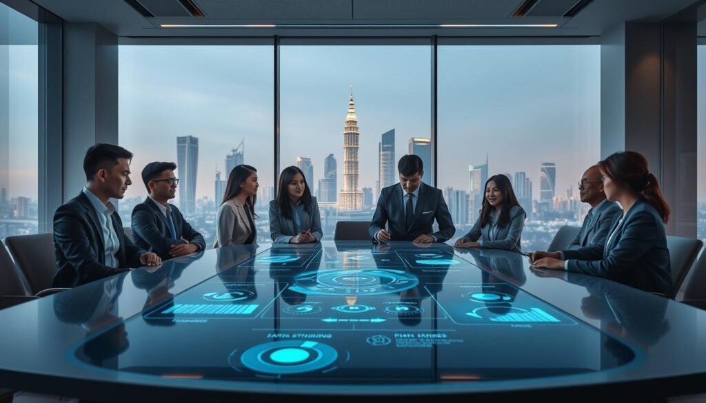A futuristic office scene showcasing artificial intelligence strategies and recommendations for Indonesia's future. In the foreground, a diverse group of professionals in business attire collaborate around a sleek, modern conference table, analyzing AI data displayed on holographic screens. In the middle ground, infographics and charts highlight key strategies, glowing softly in the ambient lighting. The background features large windows with a view of Jakarta's skyline, symbolizing progress and innovation. Soft, natural lighting filters through, creating a hopeful and dynamic atmosphere that conveys collaboration and forward-thinking about AI technology in Indonesia. The composition emphasizes a sense of unity and technological advancement without any text or distractions.